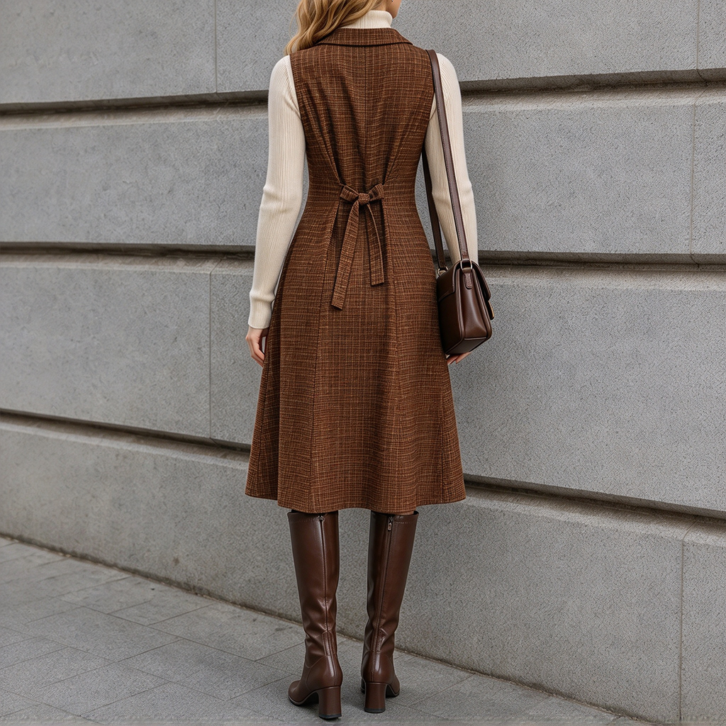 Vestido Midi A Cuadros Sin Mangas Con Bolsillos Para Oficina