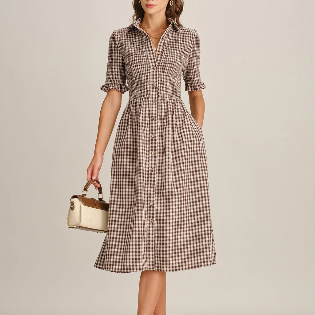 Vestido Midi Camisero A Cuadros Con Botones Y Bolsillos