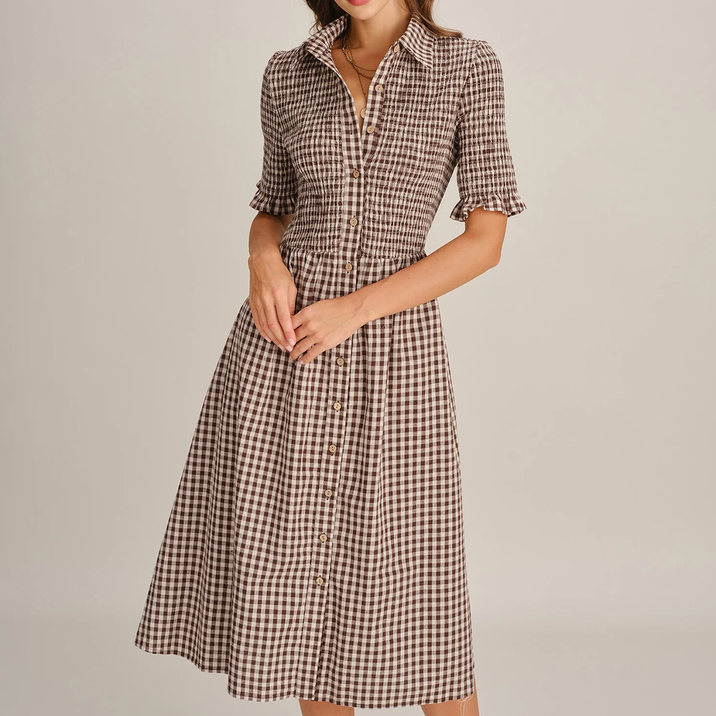 Vestido Midi Camisero A Cuadros Con Botones Y Bolsillos