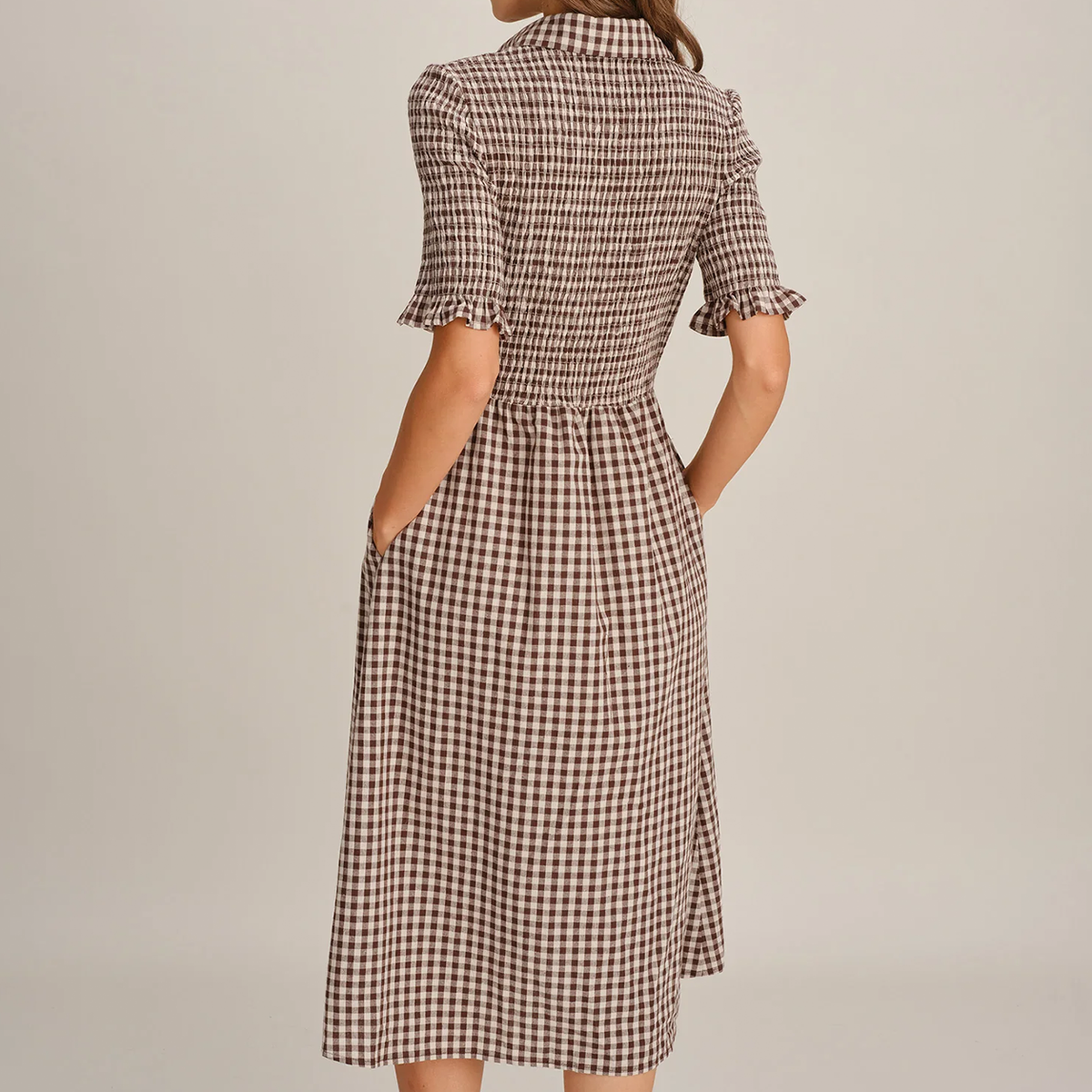 Vestido Midi Camisero A Cuadros Con Botones Y Bolsillos