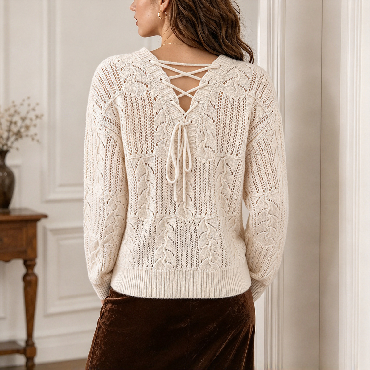 Jersey De Punto Con Textura, Corte Y Lazada Color Beige Manga Larga