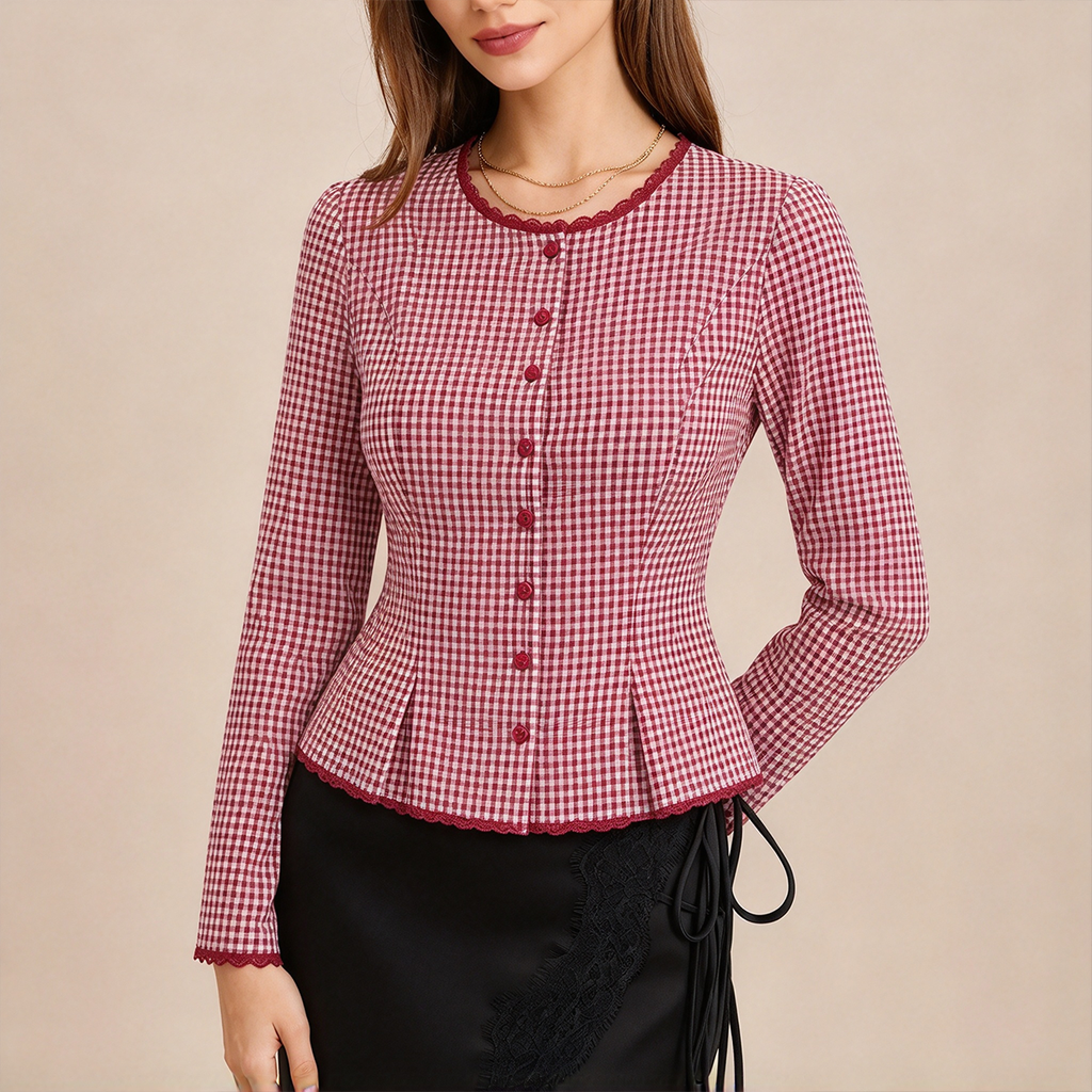 Camisa A Cuadros Roja De Cuello Redondo Con Encaje Y Botones Manga Larga