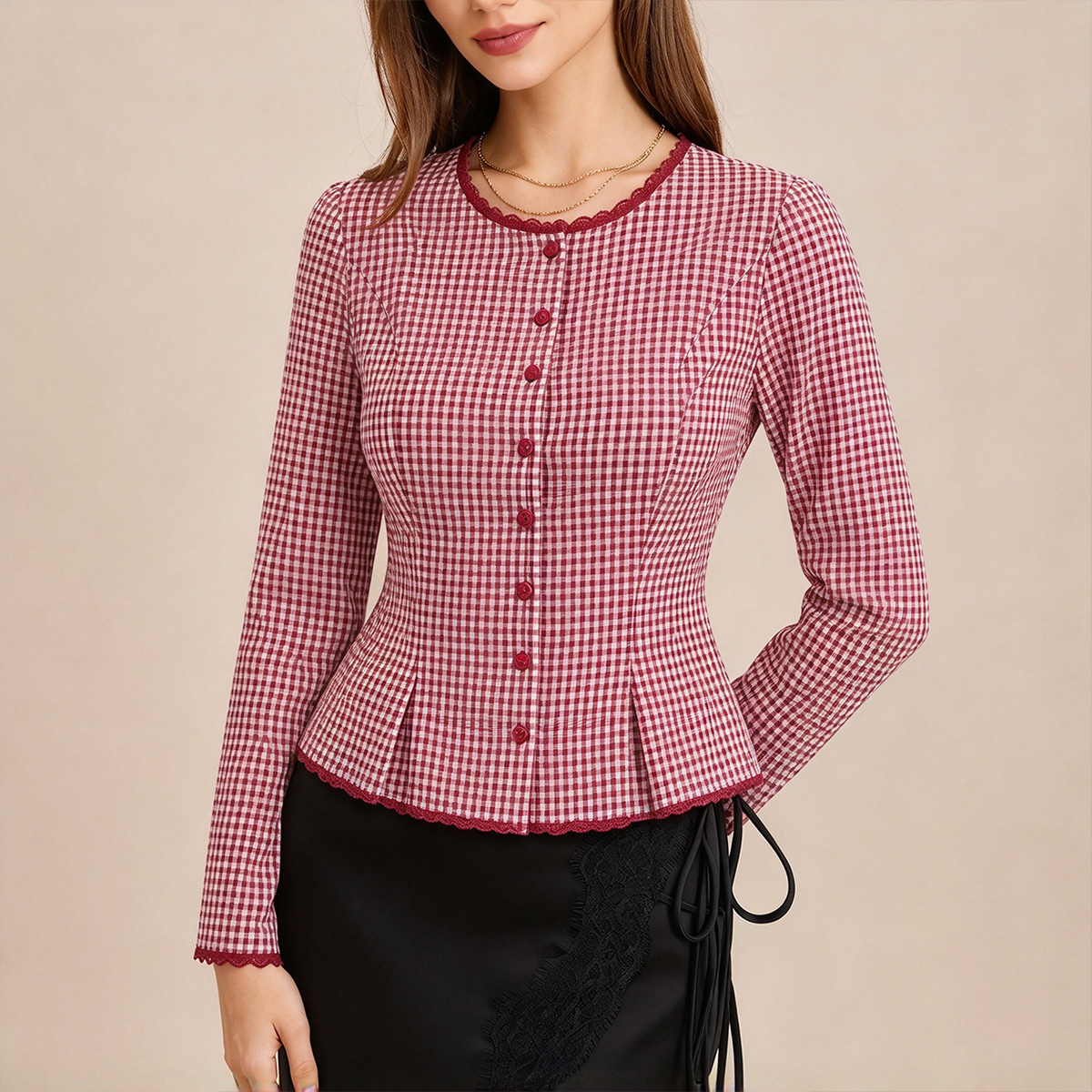 Camisa A Cuadros Roja De Cuello Redondo Con Encaje Y Botones Manga Larga